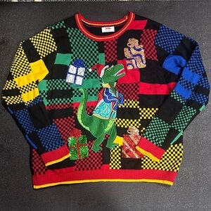 Ugly XMAS Holiday Time Multicolor Dinosaur Crewneck Sweater XXL